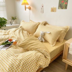 Housse de couette motif pied de poule jaune