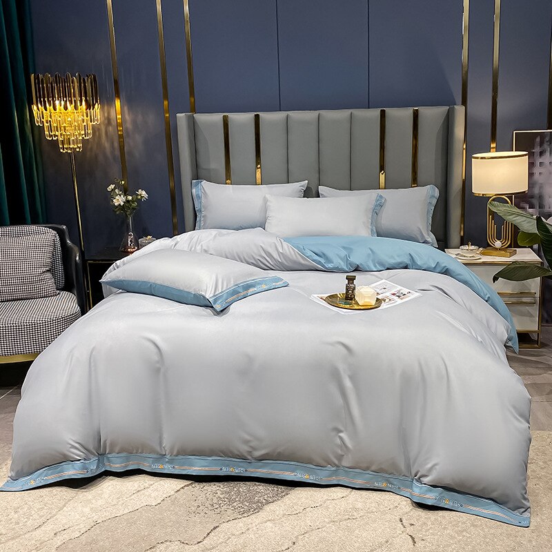 housse de couette coton grise et bleue